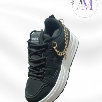 Black Chunky Sneakers with Pearl Chain Detail For Women