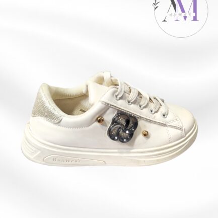 White Chunky Sneakers with Chain Charm For Women