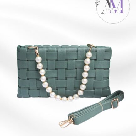 Braided Green PU Leather Handbag with Pearl & Plain Strap For Women